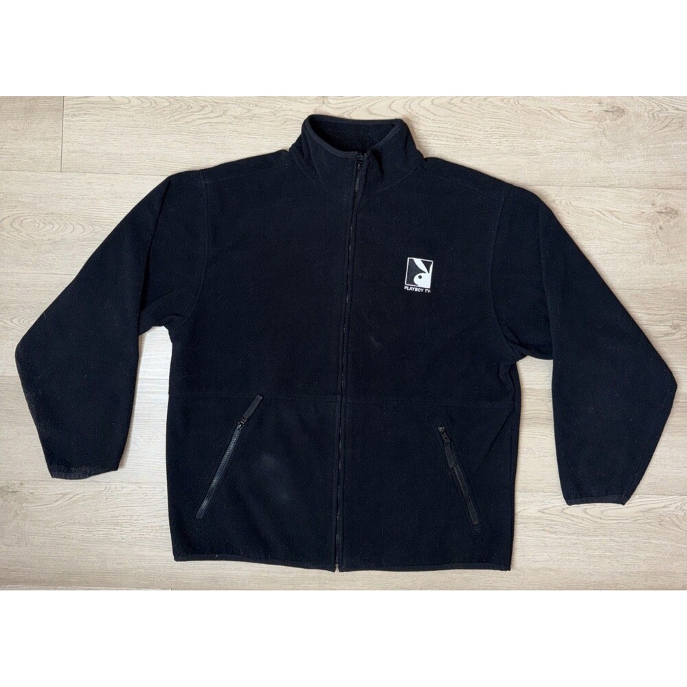 Vintage Playboy TV Devon & Jones Full Zip Fleece Jacket Black Embroidered Size L